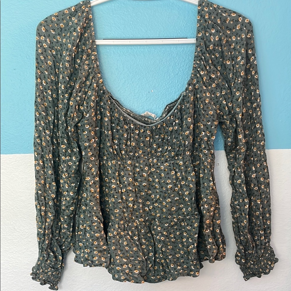 La Hearts Green Smocked Ruffled Long Sleeve Blouse